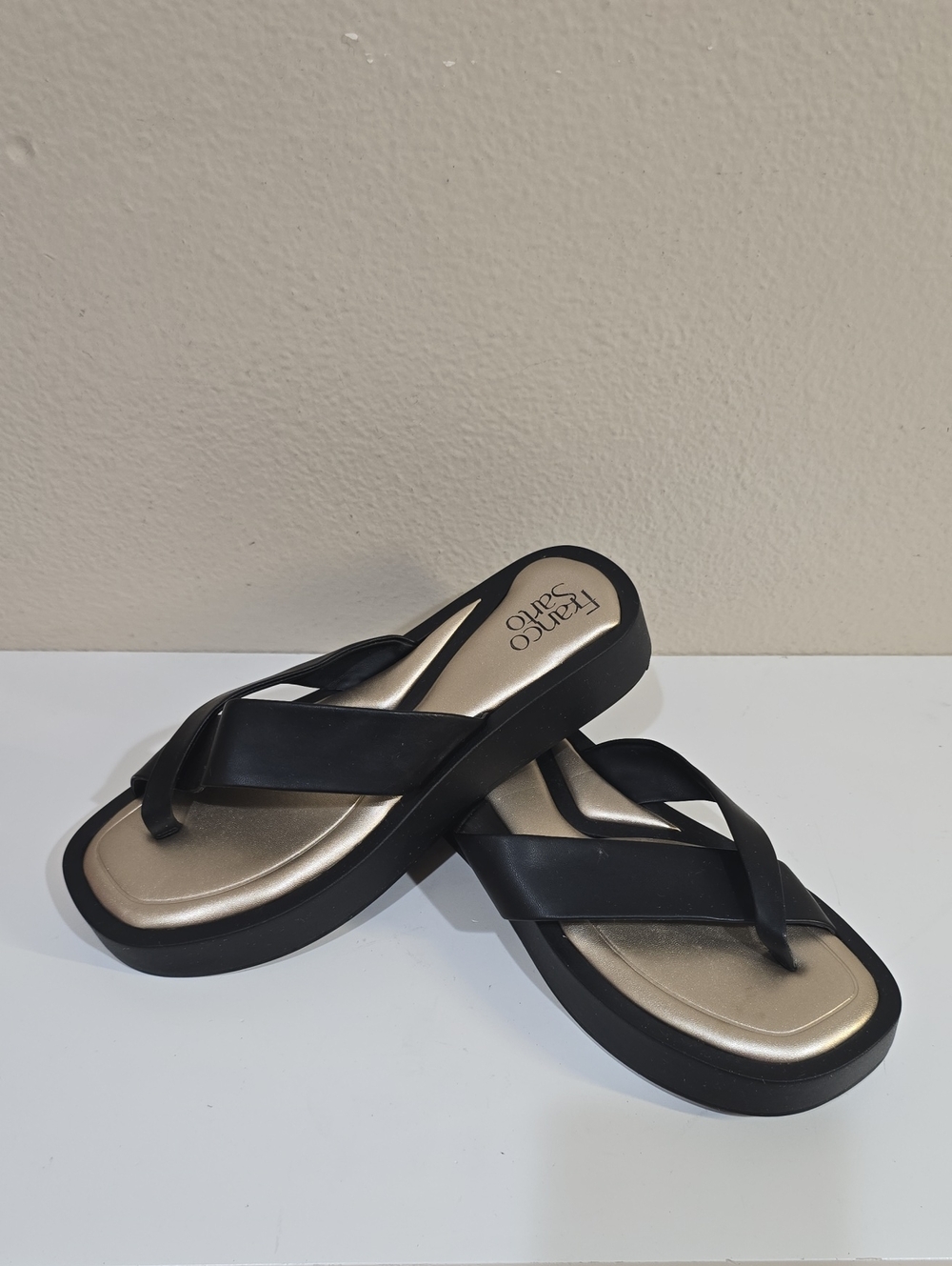 Franco Sarto Black Strappy Platform Thong Sandals with Metallic Footbed